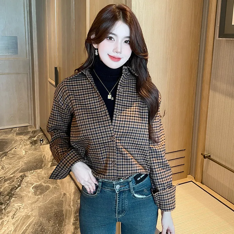 Versatile Thin Checkered Boyfriend Shirt for Women's Casual Wear
