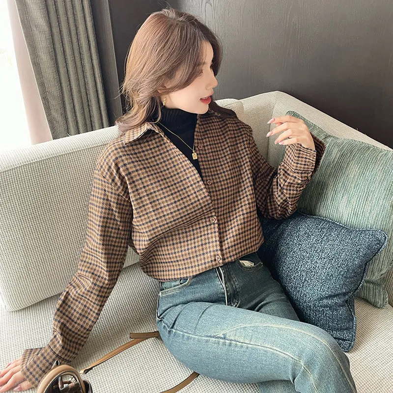 Versatile Thin Checkered Boyfriend Shirt for Women's Casual Wear
