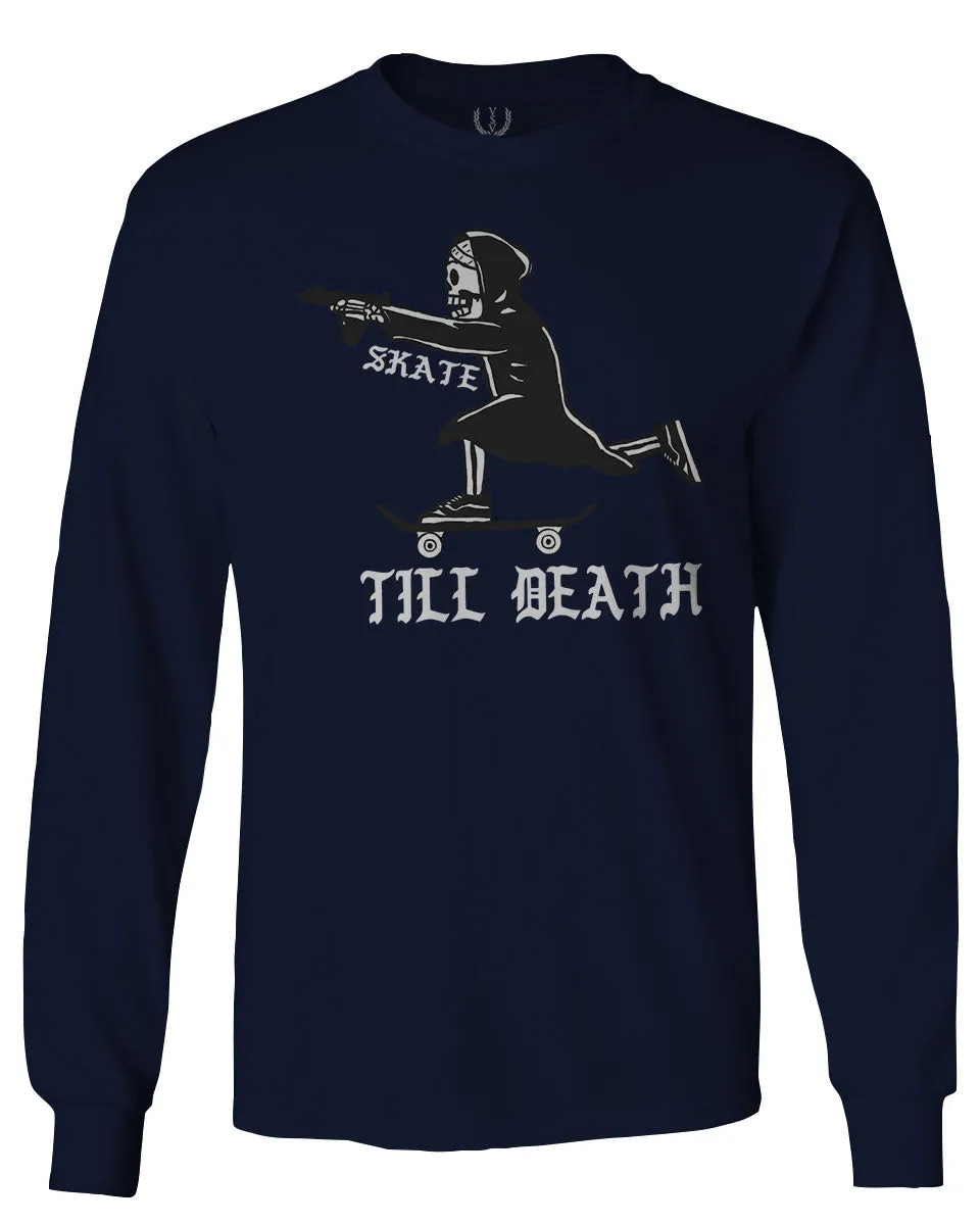 VICES AND VIRTUES Skateboarding OR DIE Skull Skate Gun Till Death mens Long sleeve t shirt