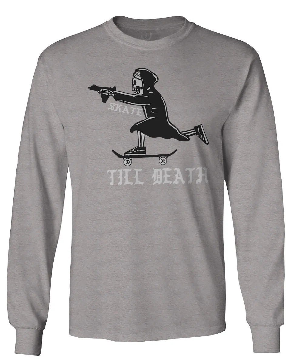 VICES AND VIRTUES Skateboarding OR DIE Skull Skate Gun Till Death mens Long sleeve t shirt