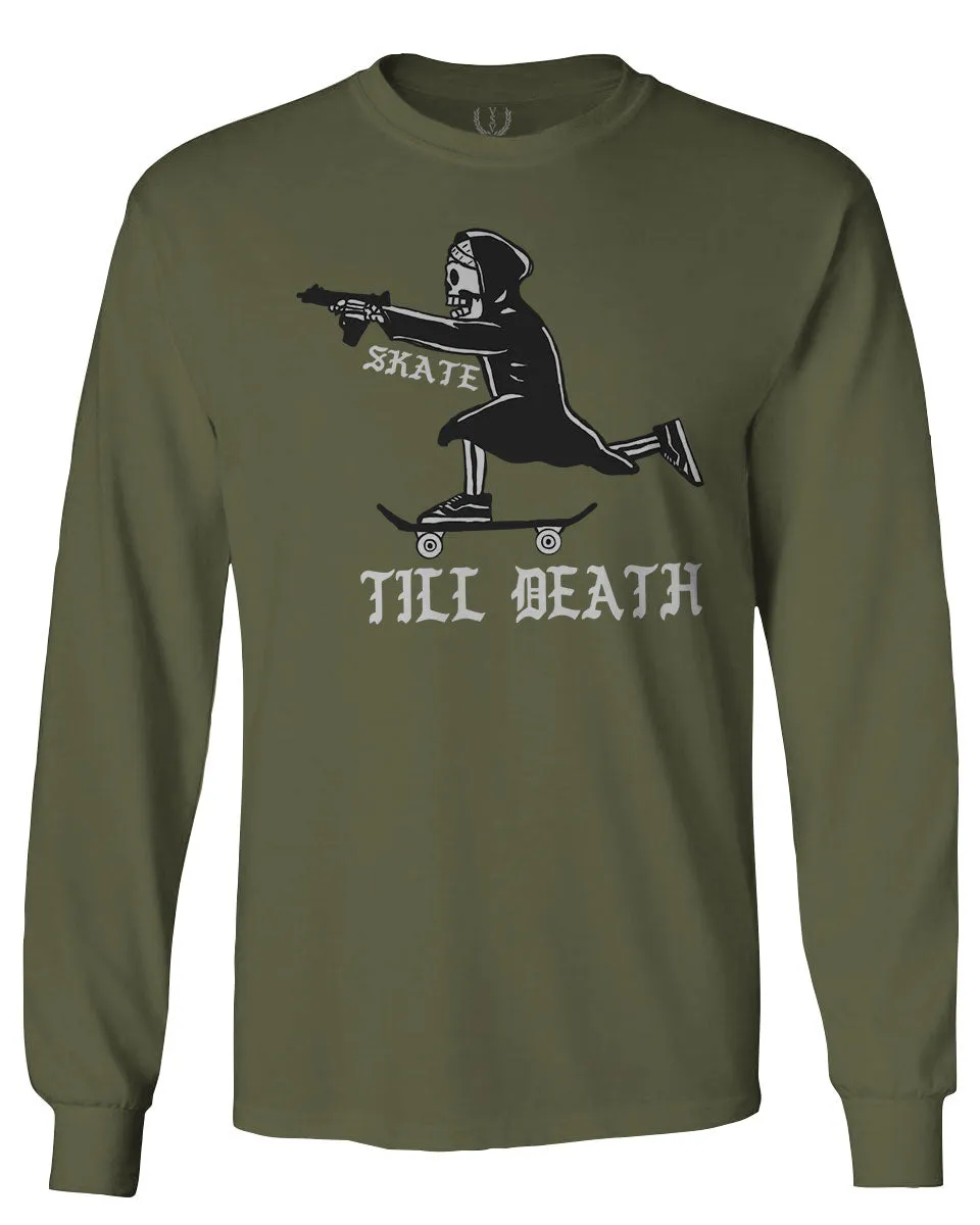 VICES AND VIRTUES Skateboarding OR DIE Skull Skate Gun Till Death mens Long sleeve t shirt