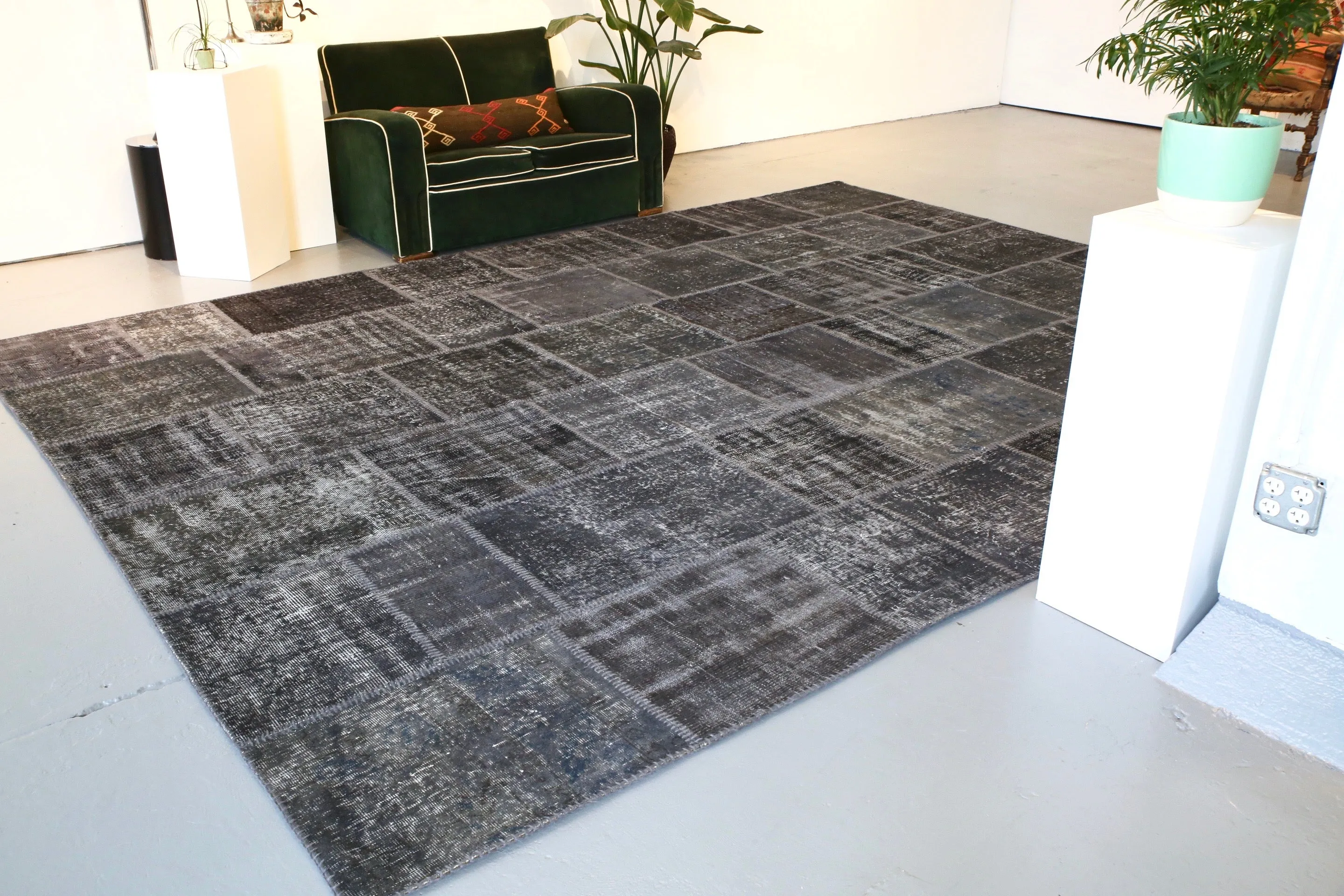 Vintage Patchwork Isparta Rug overdyed in Black 10ftx13ft