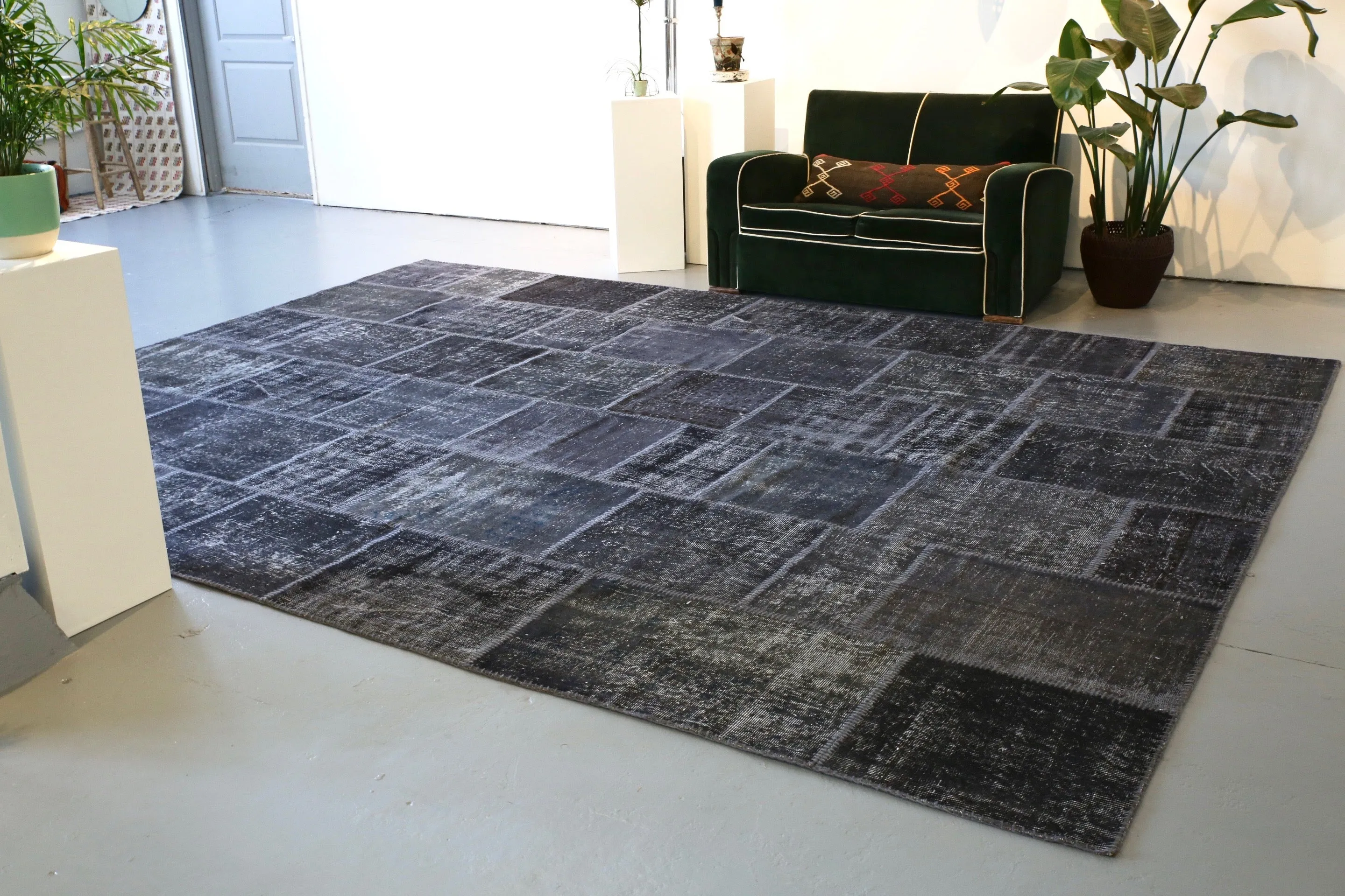 Vintage Patchwork Isparta Rug overdyed in Black 10ftx13ft