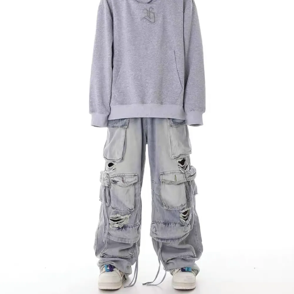 Washed Multi-pocket Work Cargo Jeans