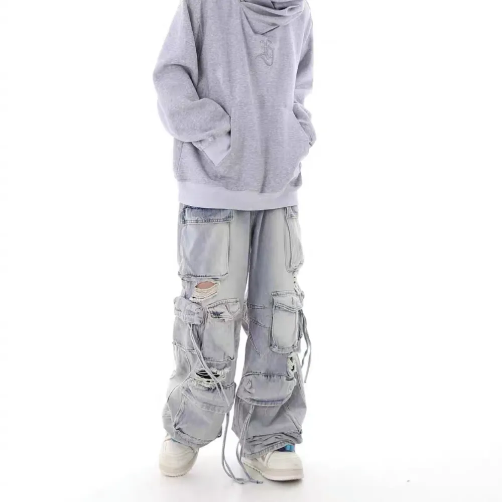 Washed Multi-pocket Work Cargo Jeans
