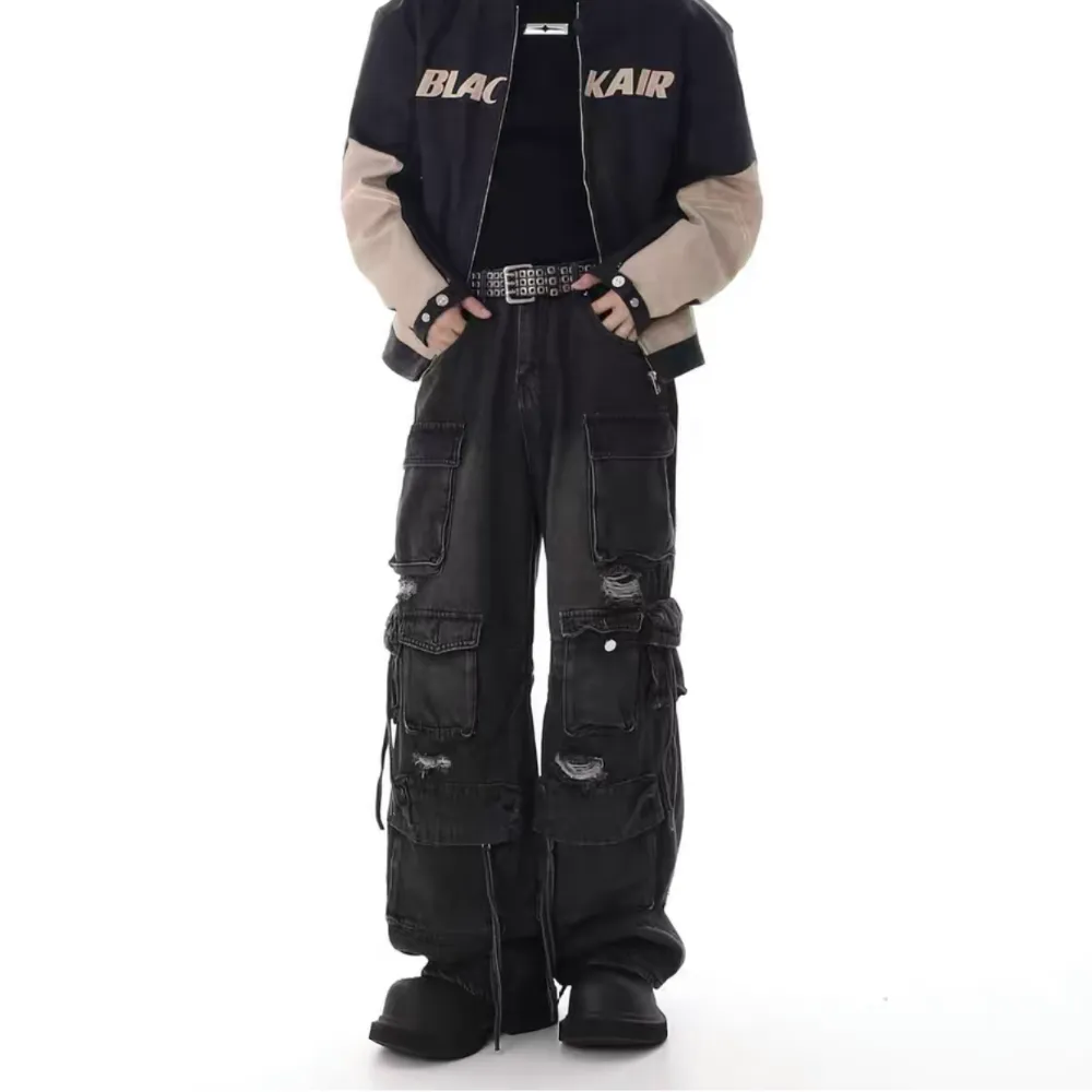 Washed Multi-pocket Work Cargo Jeans