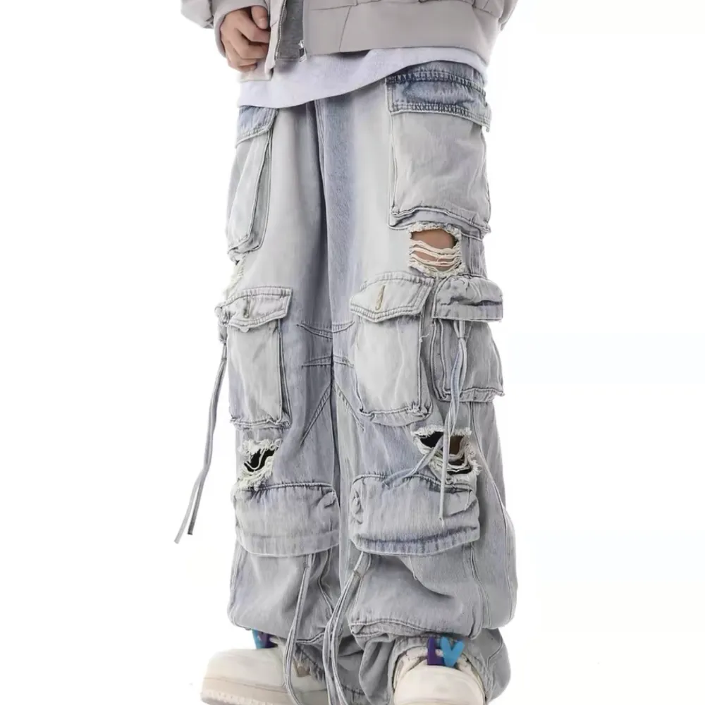 Washed Multi-pocket Work Cargo Jeans