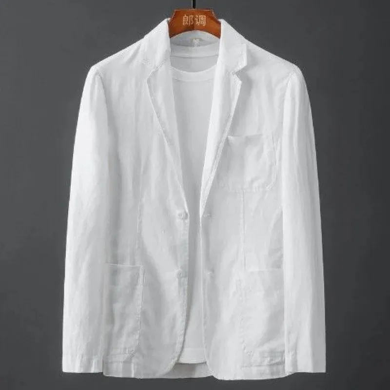 White Cotton Linen Suit Coat Men's Spring Summer Pure Color Slim Casual Business Thin Mens Blazer Jacket Comfortable Breathable
