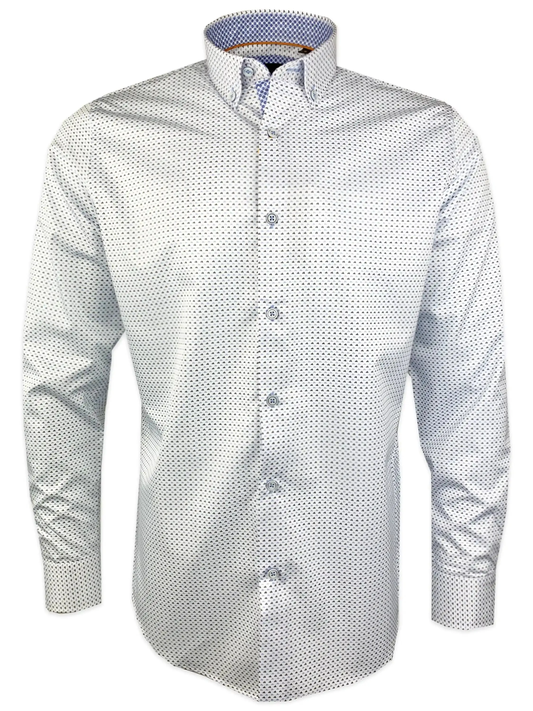 White Label Men's Shirt Tapered Fit White/Blue Motorbike Print