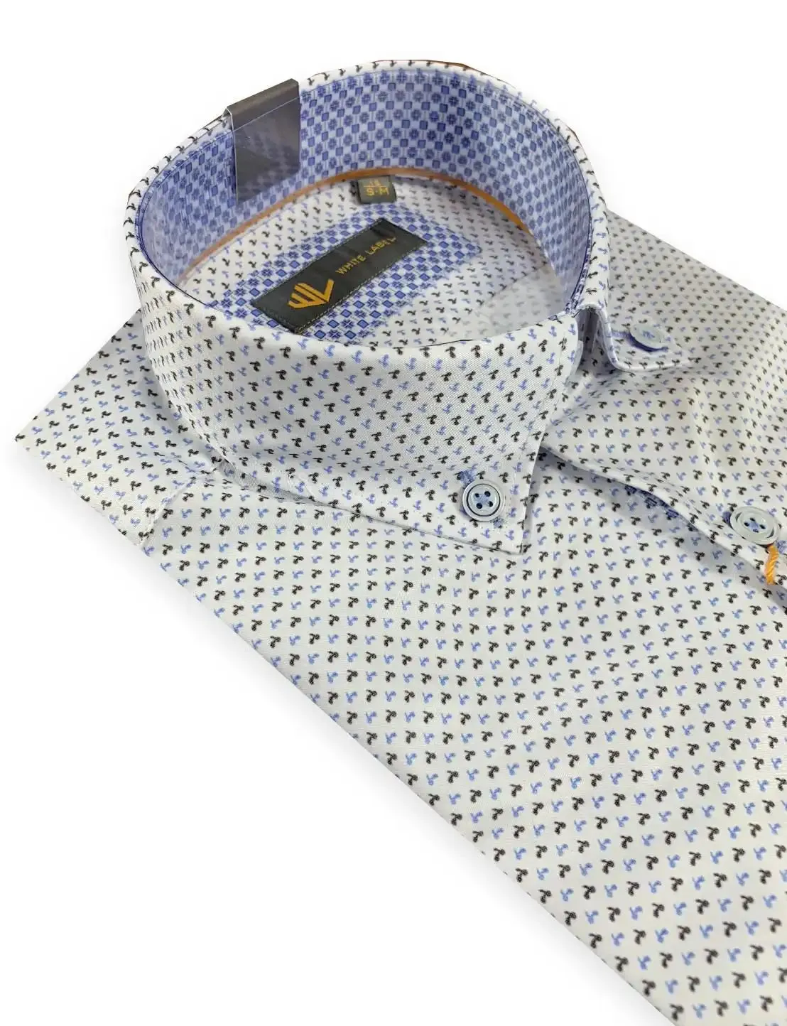 White Label Men's Shirt Tapered Fit White/Blue Motorbike Print