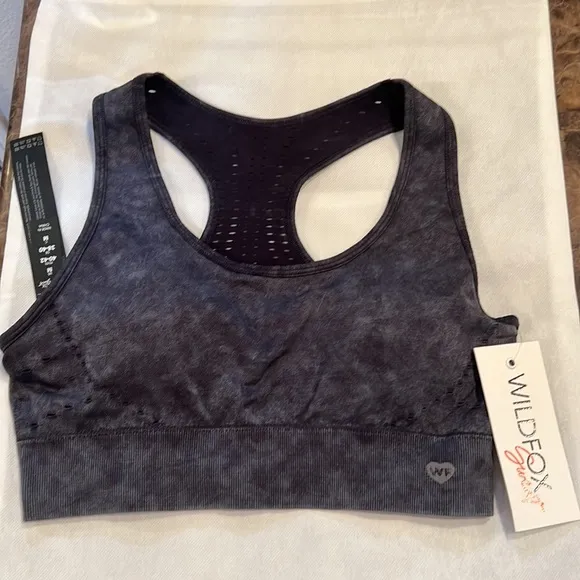 WILDFOX SWEAT-Black Stonewash Look-Laser Detail Sports Bra &amp; Bike Short SET-Sz L