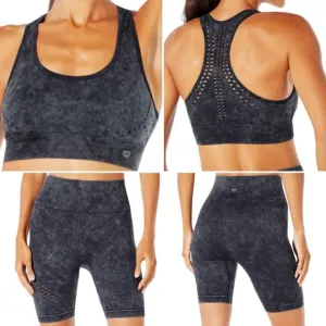 WILDFOX SWEAT-Black Stonewash Look-Laser Detail Sports Bra &amp; Bike Short SET-Sz L