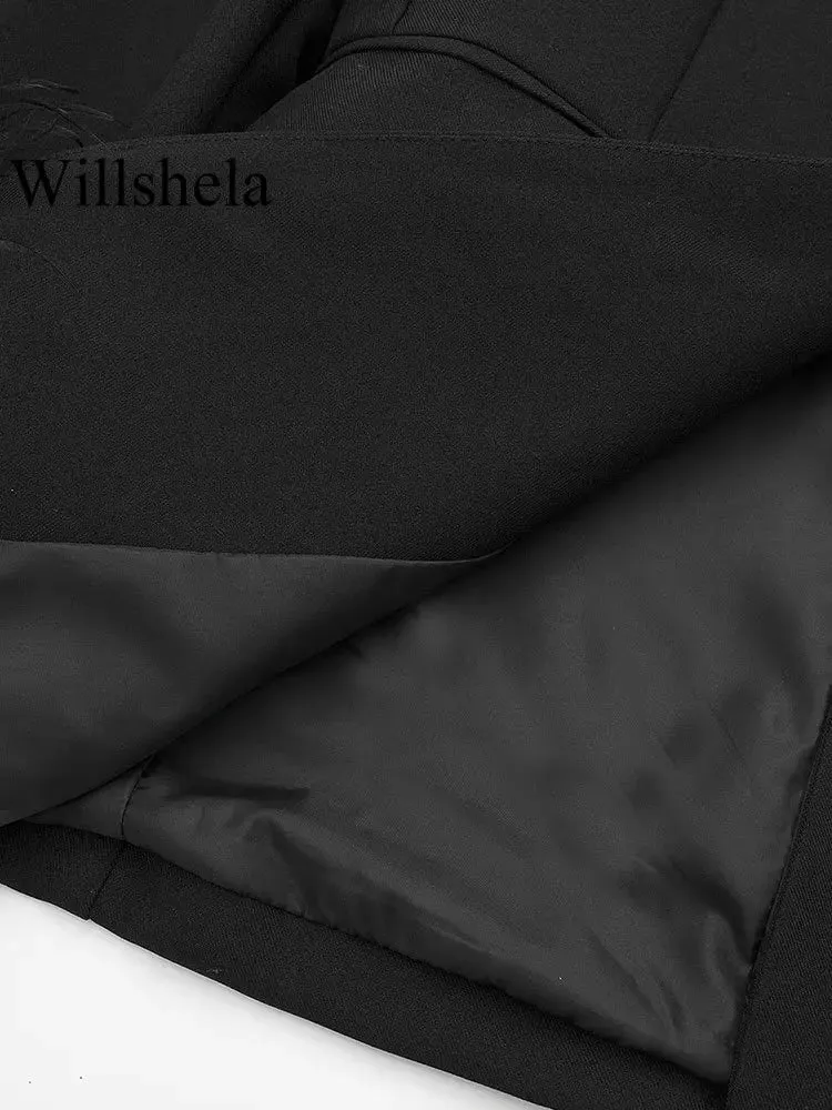 Willshela Women Fashion Satin Black With Feather Blazer Jacket Vintage Notched Neck Single Button Long Sleeves Female Outfits