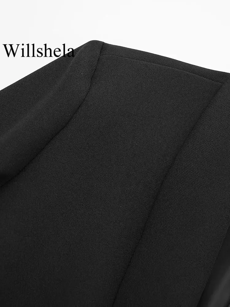 Willshela Women Fashion Satin Black With Feather Blazer Jacket Vintage Notched Neck Single Button Long Sleeves Female Outfits