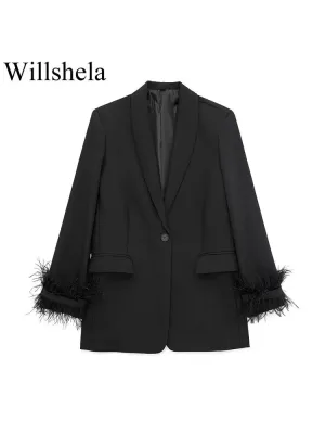 Willshela Women Fashion Satin Black With Feather Blazer Jacket Vintage Notched Neck Single Button Long Sleeves Female Outfits