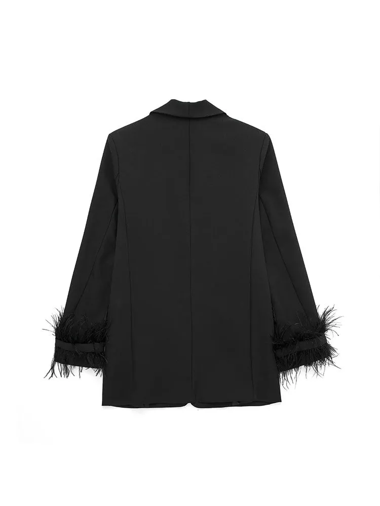 Willshela Women Fashion Satin Black With Feather Blazer Jacket Vintage Notched Neck Single Button Long Sleeves Female Outfits