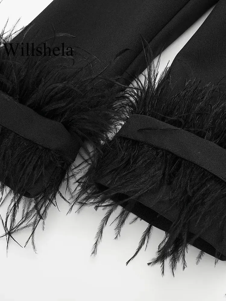 Willshela Women Fashion Satin Black With Feather Blazer Jacket Vintage Notched Neck Single Button Long Sleeves Female Outfits