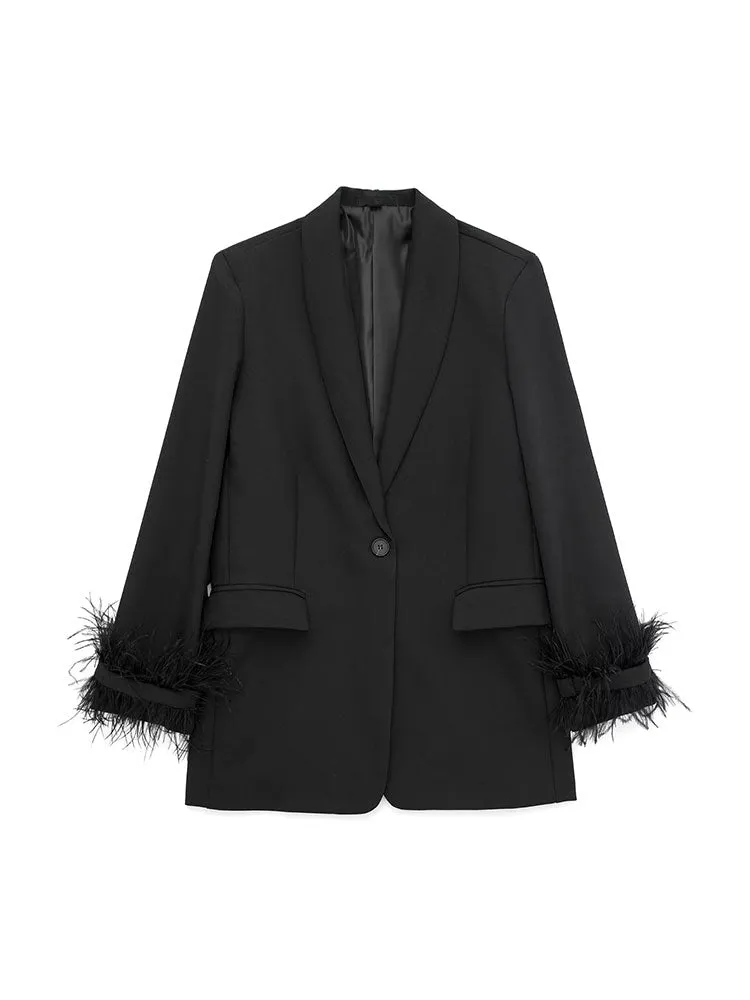 Willshela Women Fashion Satin Black With Feather Blazer Jacket Vintage Notched Neck Single Button Long Sleeves Female Outfits