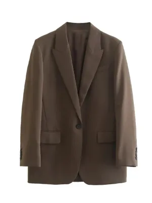 Willshela Women Fashion With Pockets Brown Single Button Blazer Vintage Notched Neck Long Sleeves Female Chic Lady Outfits