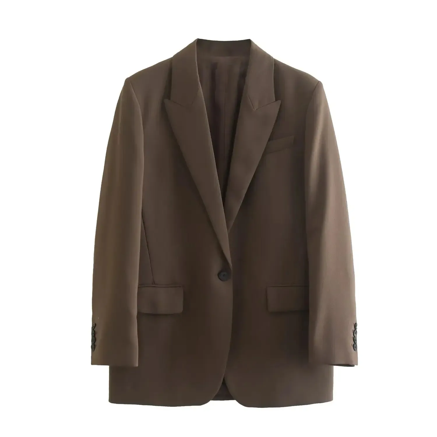 Willshela Women Fashion With Pockets Brown Single Button Blazer Vintage Notched Neck Long Sleeves Female Chic Lady Outfits