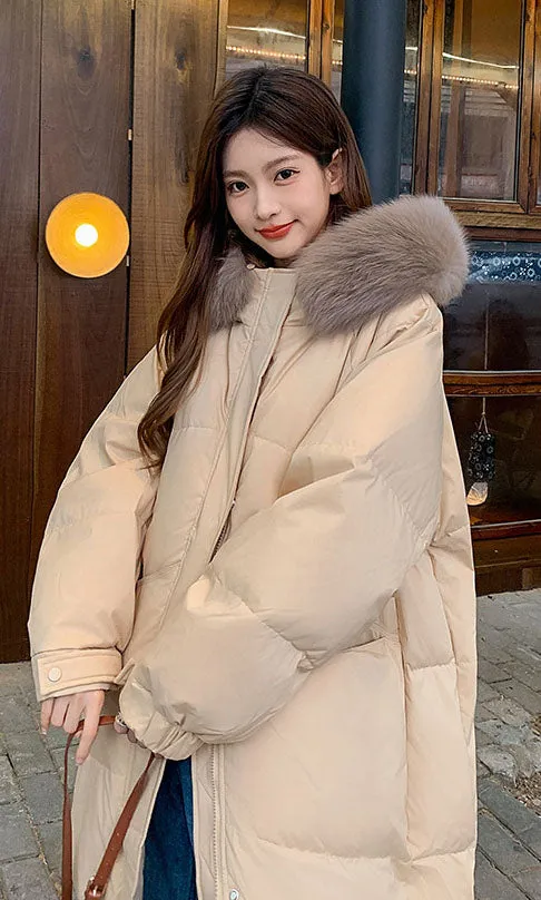 Windproof Calf-length Oversized Puffer Jacket for Women