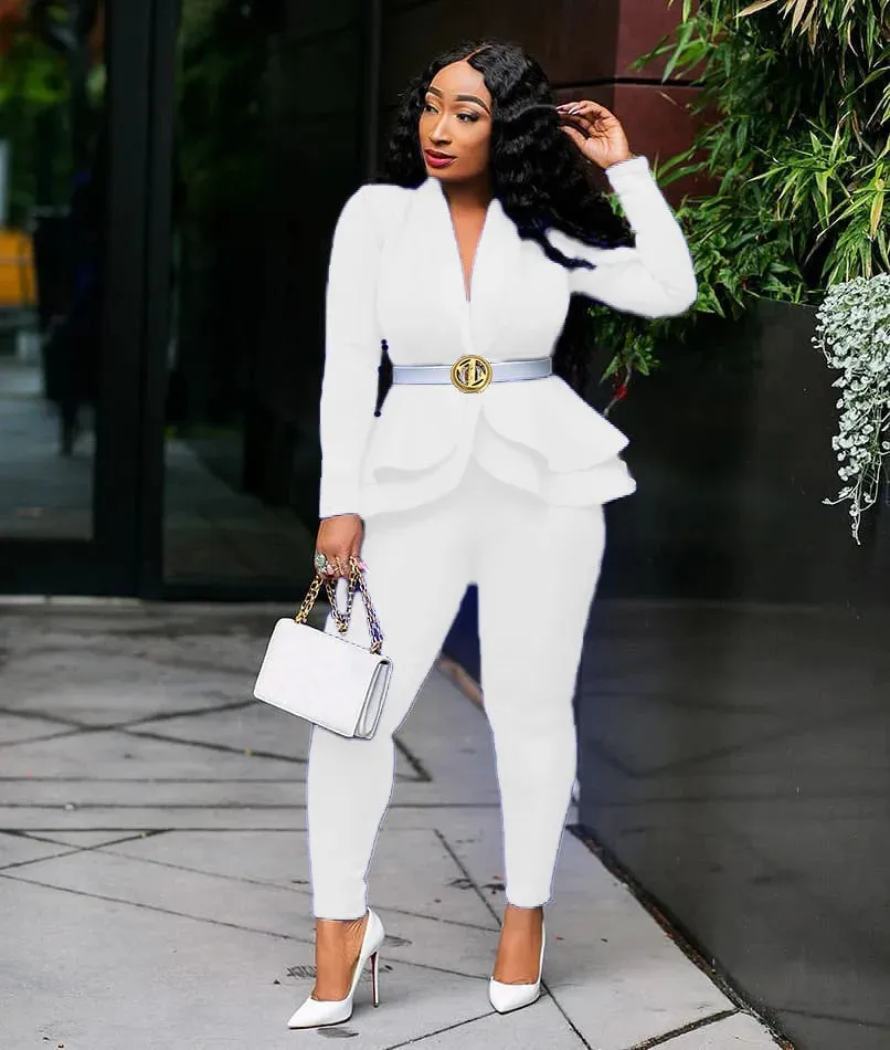 Winter Women's Set Tracksuit Full Sleeve Ruffles Blazers Pencil Pants Suit Two Piece Set Office Lady Outfits Uniform