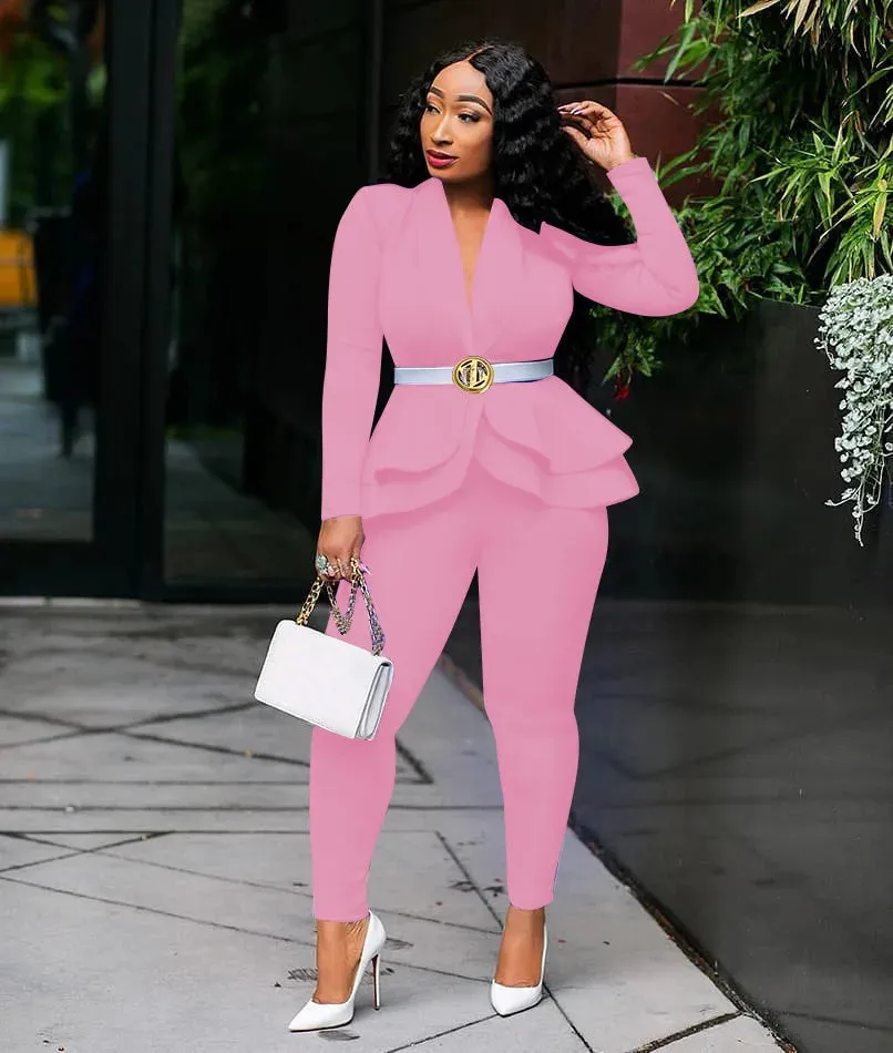 Winter Women's Set Tracksuit Full Sleeve Ruffles Blazers Pencil Pants Suit Two Piece Set Office Lady Outfits Uniform
