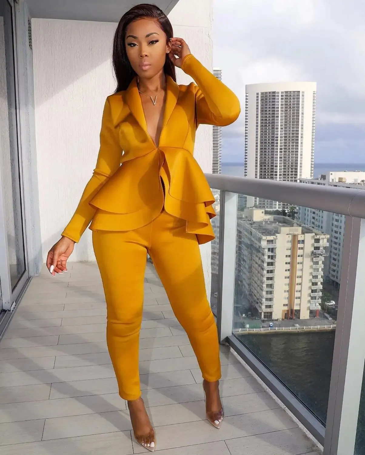 Winter Women's Set Tracksuit Full Sleeve Ruffles Blazers Pencil Pants Suit Two Piece Set Office Lady Outfits Uniform