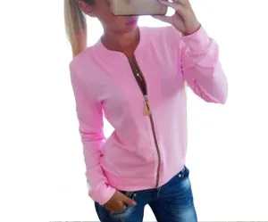 Women Jackets And Coats Solid Color Zipper Slim Fitness Thin Jacket O-neck Long Sleeve Outerwear Clothes