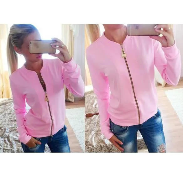 Women Jackets And Coats Solid Color Zipper Slim Fitness Thin Jacket O-neck Long Sleeve Outerwear Clothes