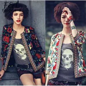 Women Jackets Vintage Flower Print Three Quarter Casual Short Jackets Slim Coat O-neck Plus Size S-XL
