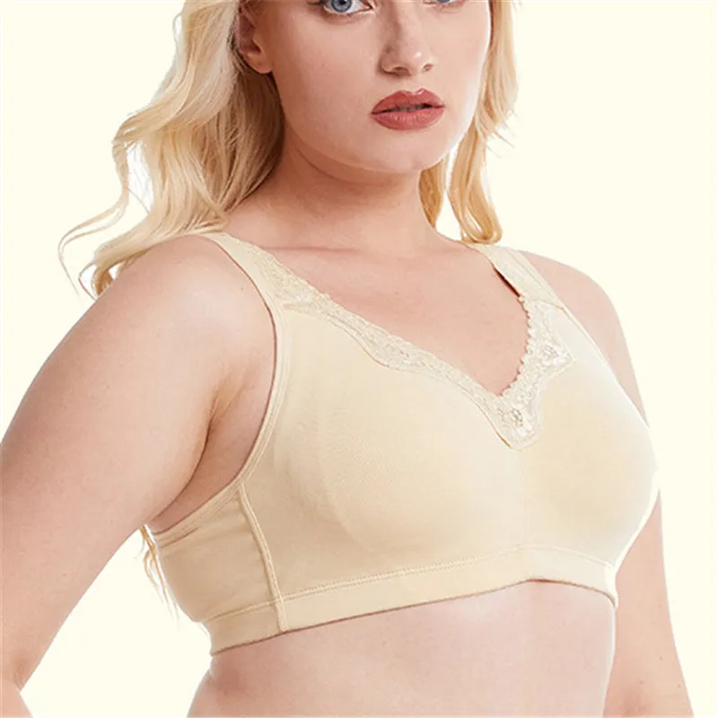 Women Plus Size Deep Plunge Comfy Cotton Bras - Apricot