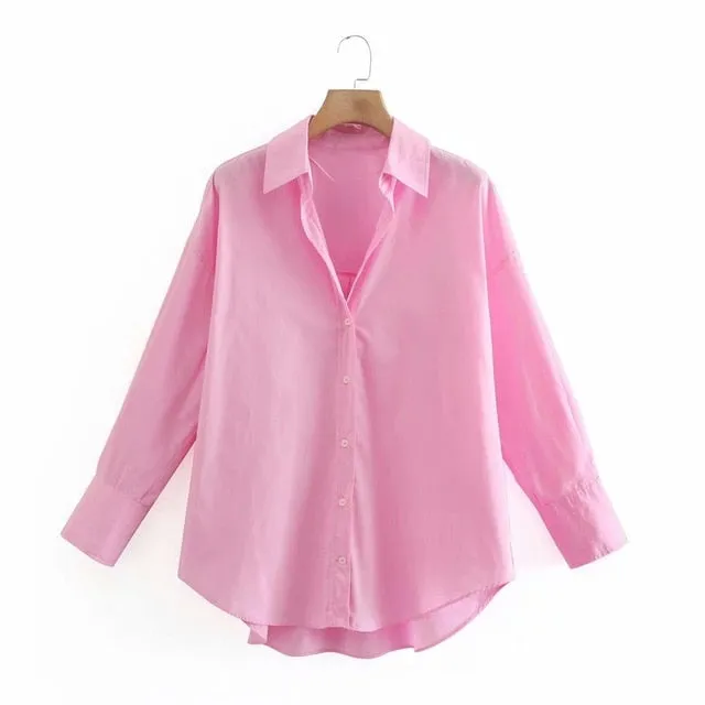 Women Simply Candy COlor Single Breasted Poplin Shirts Office Lady Long Sleeve Blouse Roupas Chic Chemise Tops LS9114