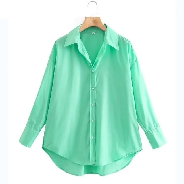 Women Simply Candy COlor Single Breasted Poplin Shirts Office Lady Long Sleeve Blouse Roupas Chic Chemise Tops LS9114