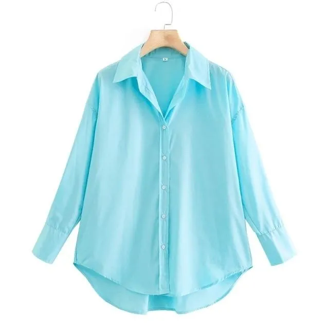 Women Simply Candy COlor Single Breasted Poplin Shirts Office Lady Long Sleeve Blouse Roupas Chic Chemise Tops LS9114