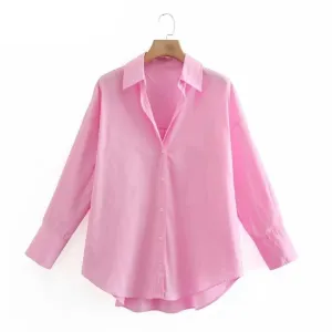 Women Simply Candy COlor Single Breasted Poplin Shirts Office Lady Long Sleeve Blouse Roupas Chic Chemise Tops LS9114