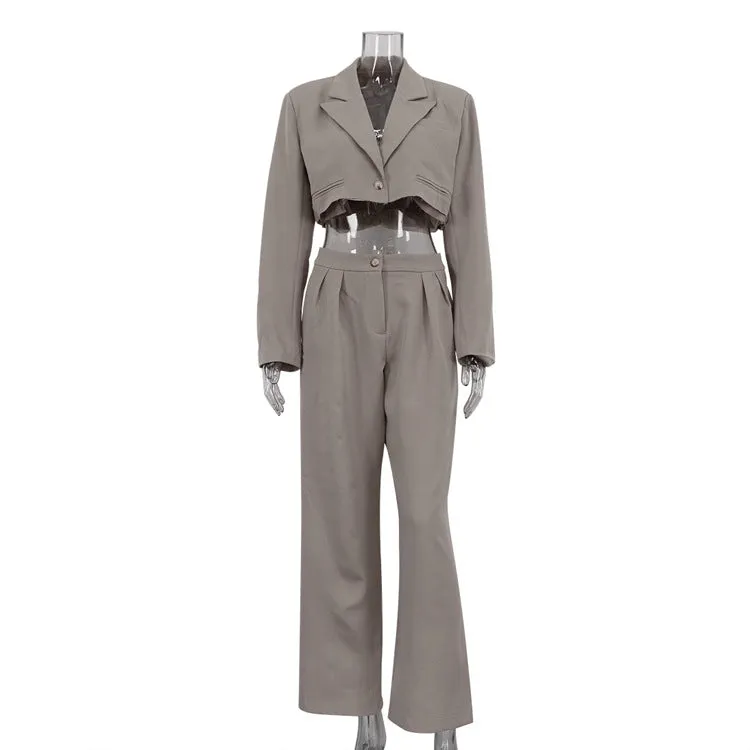 Women Spring Autumn Polo Collar Long Sleeve Short Small Blazers Casual Work Pant Two Piece Sets