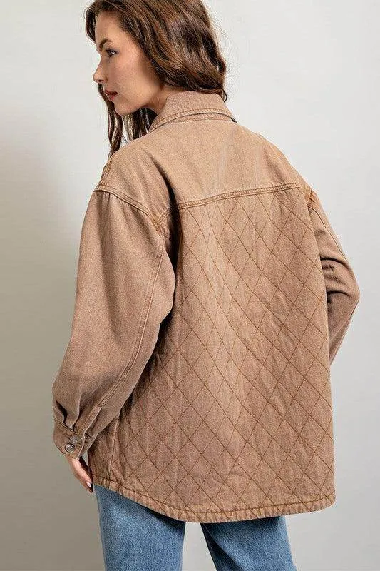 Womens Camel Quilted Button Down Jacket