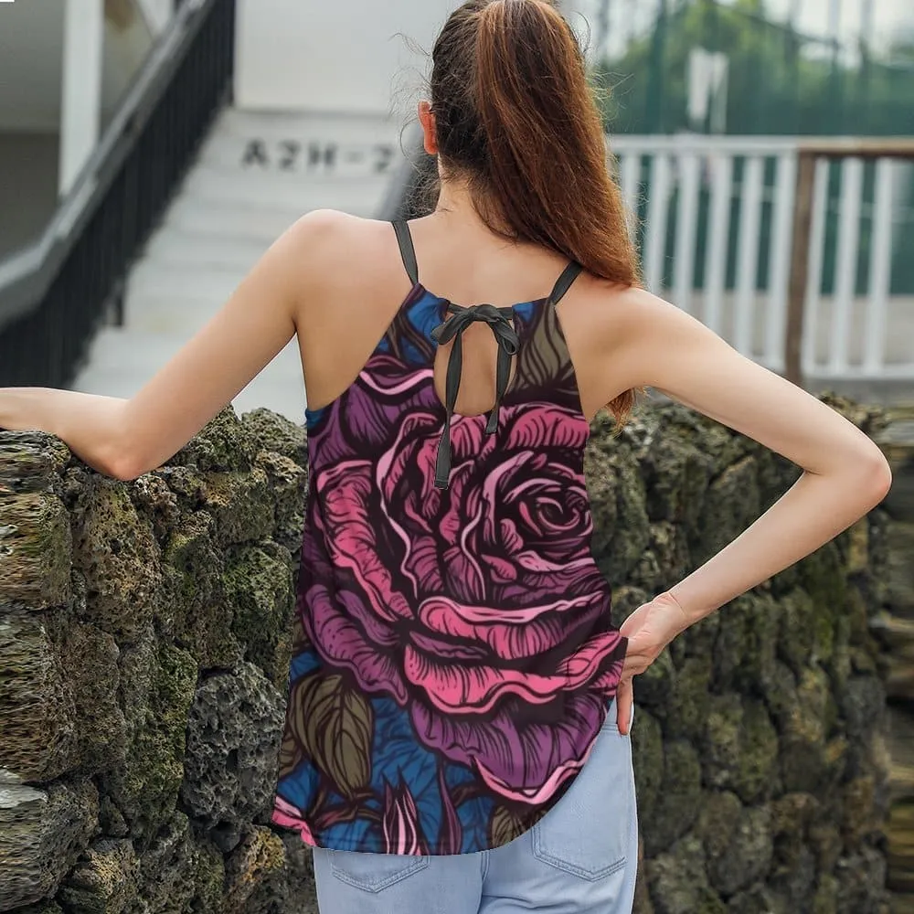 Women's Gothic Pink Rose Loose Halter Neck Tank Top
