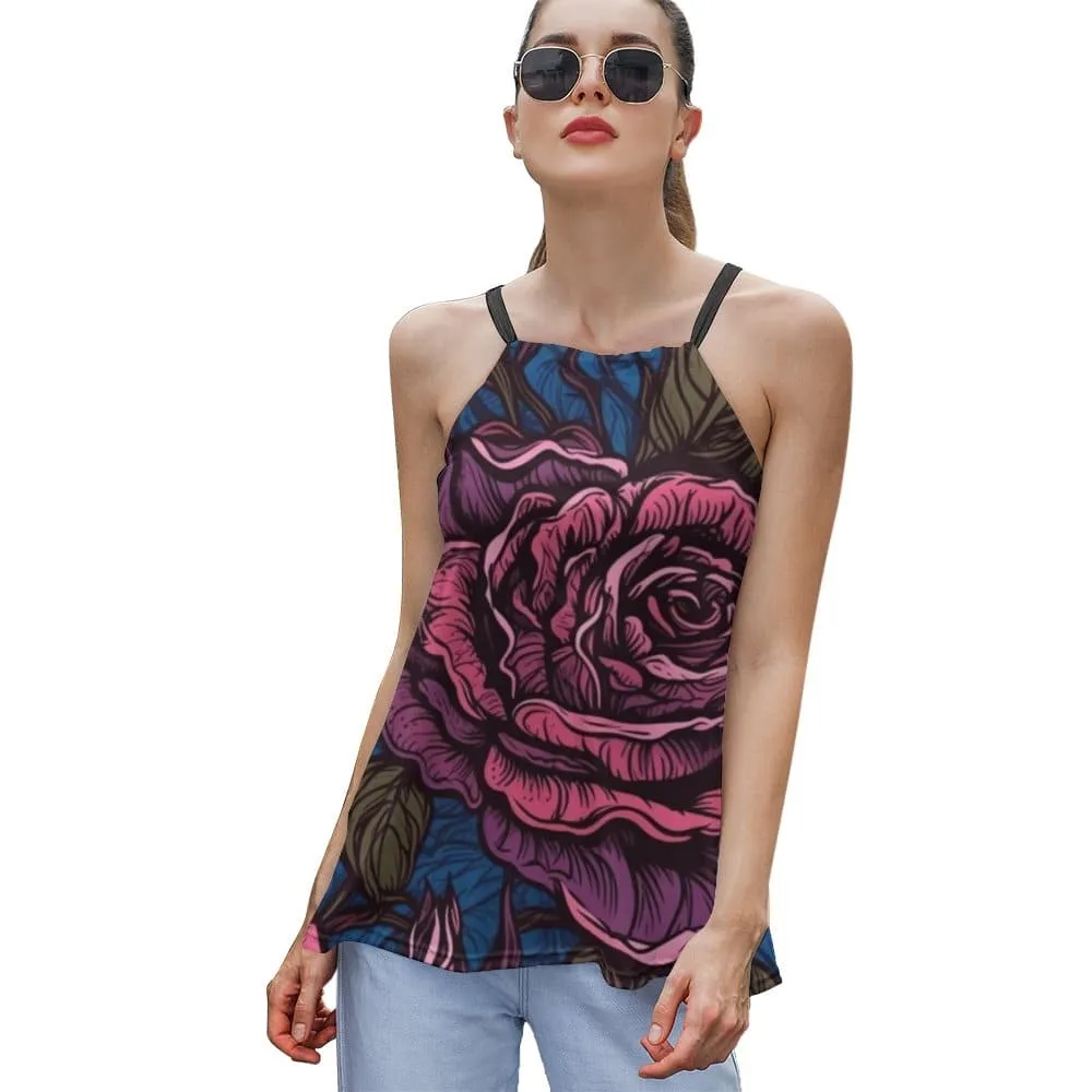 Women's Gothic Pink Rose Loose Halter Neck Tank Top