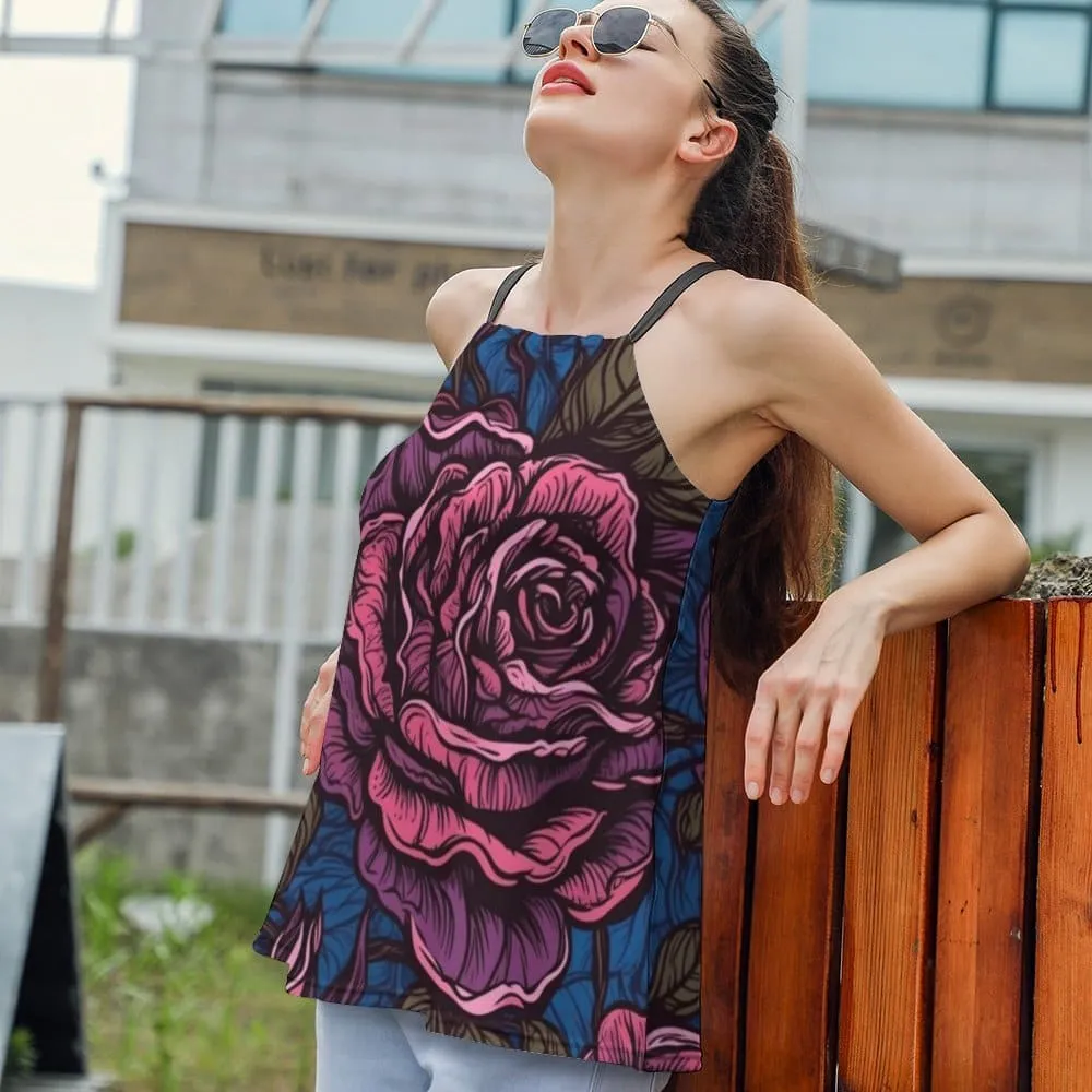 Women's Gothic Pink Rose Loose Halter Neck Tank Top