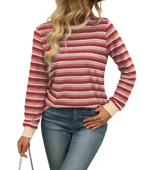 Womens Long Sleeve Fall Tops Work Shirts Striped Blouses Fashion Sweatshirt Casual Outfits Clothing Red XX-Large