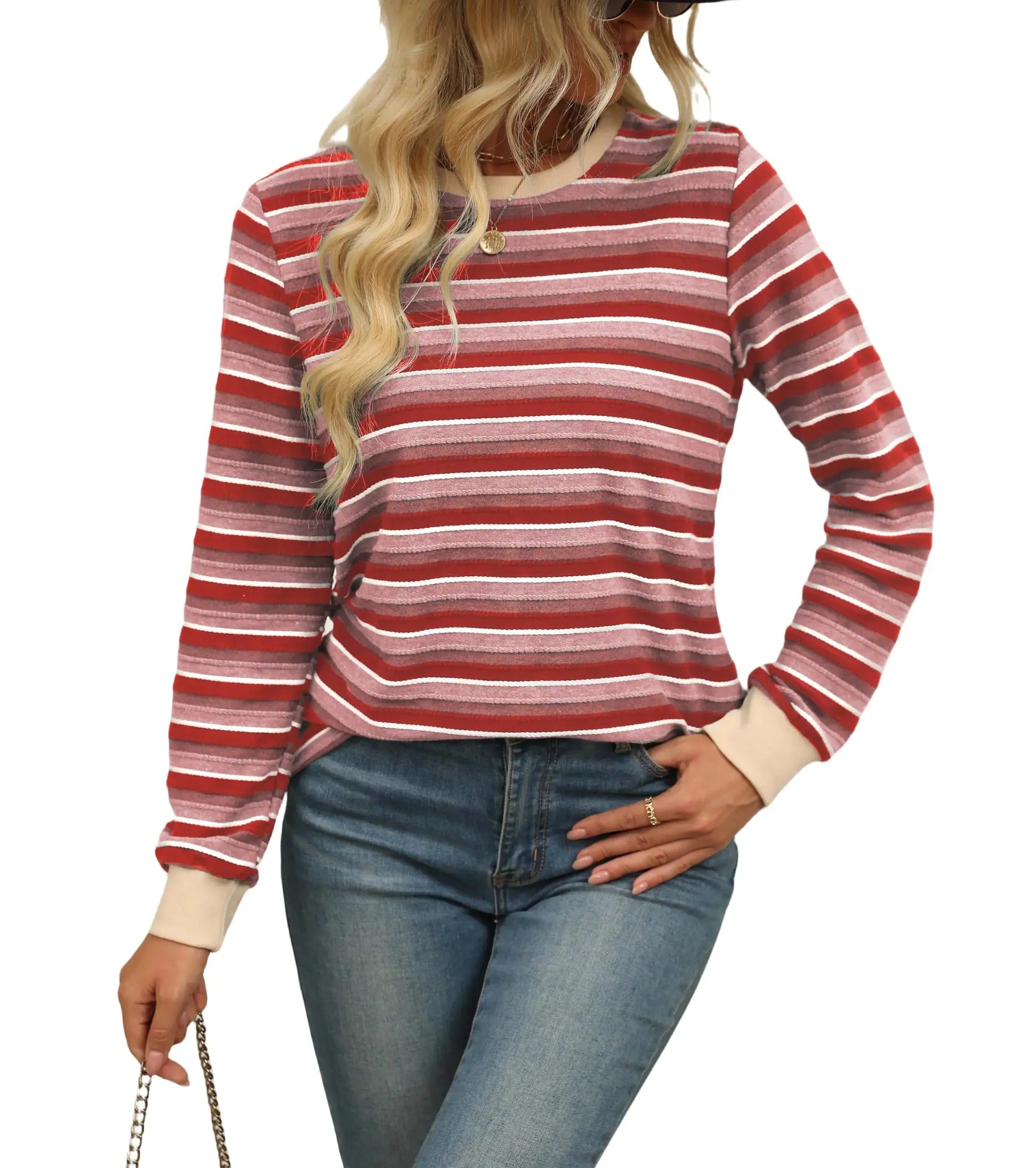 Womens Long Sleeve Fall Tops Work Shirts Striped Blouses Fashion Sweatshirt Casual Outfits Clothing Red XX-Large