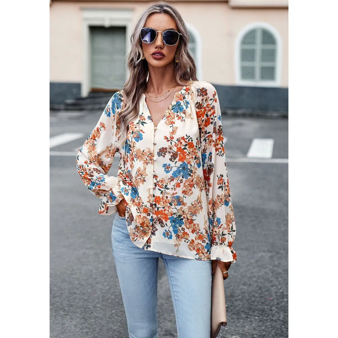 Women's Tops Casual Floral Print V Neck Long Sleeve Shirts Loose Chiffon Blouses Shirts Tops