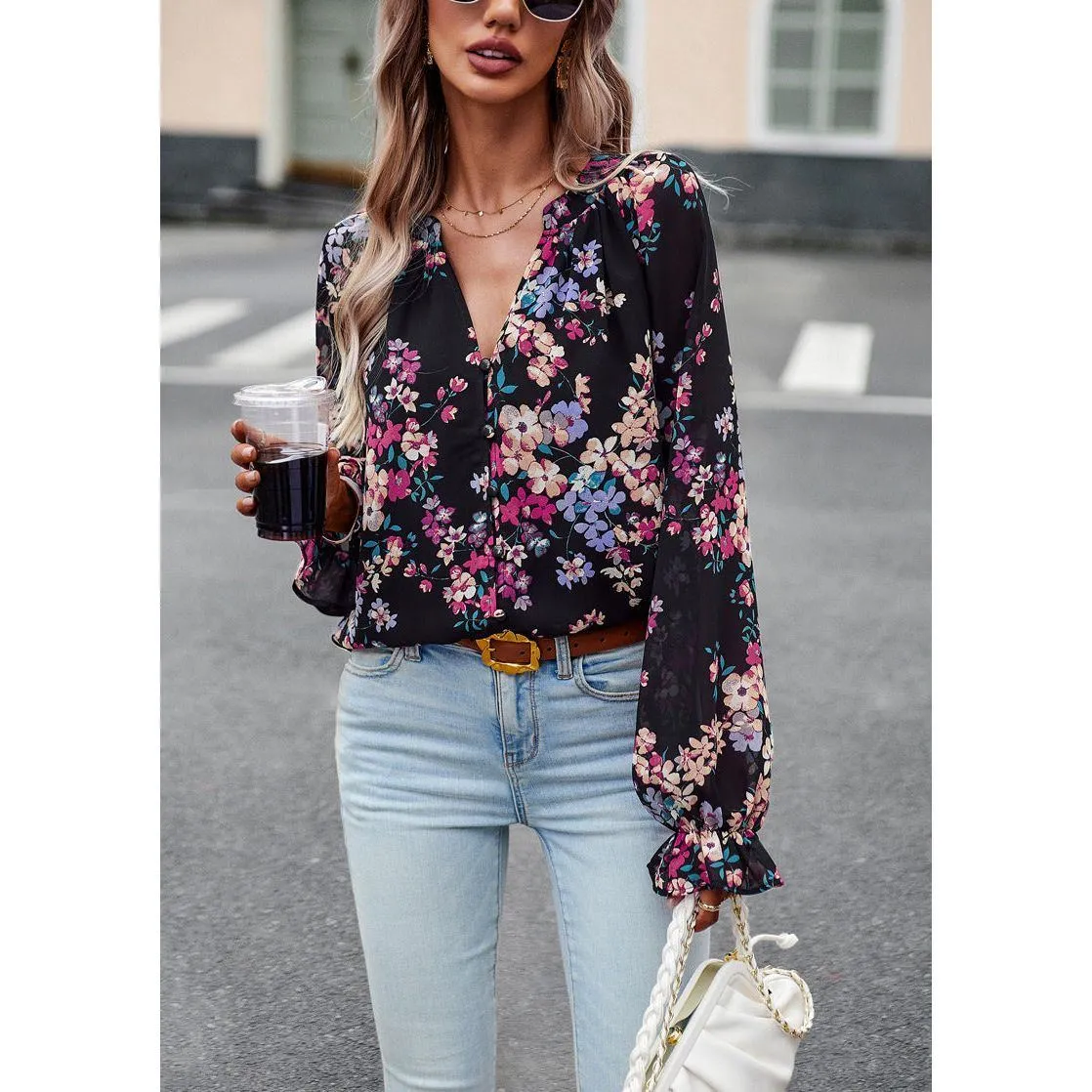 Women's Tops Casual Floral Print V Neck Long Sleeve Shirts Loose Chiffon Blouses Shirts Tops