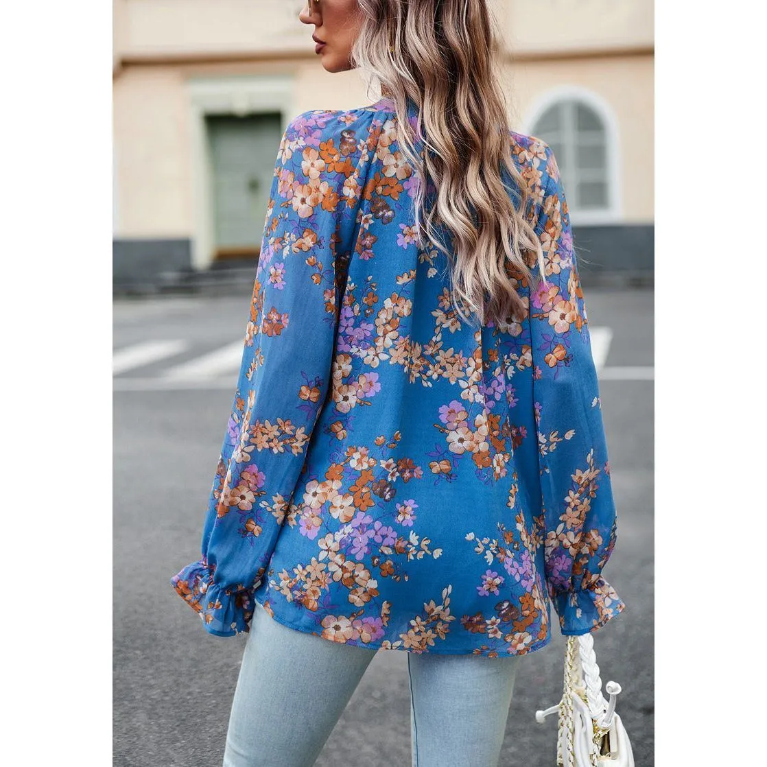 Women's Tops Casual Floral Print V Neck Long Sleeve Shirts Loose Chiffon Blouses Shirts Tops