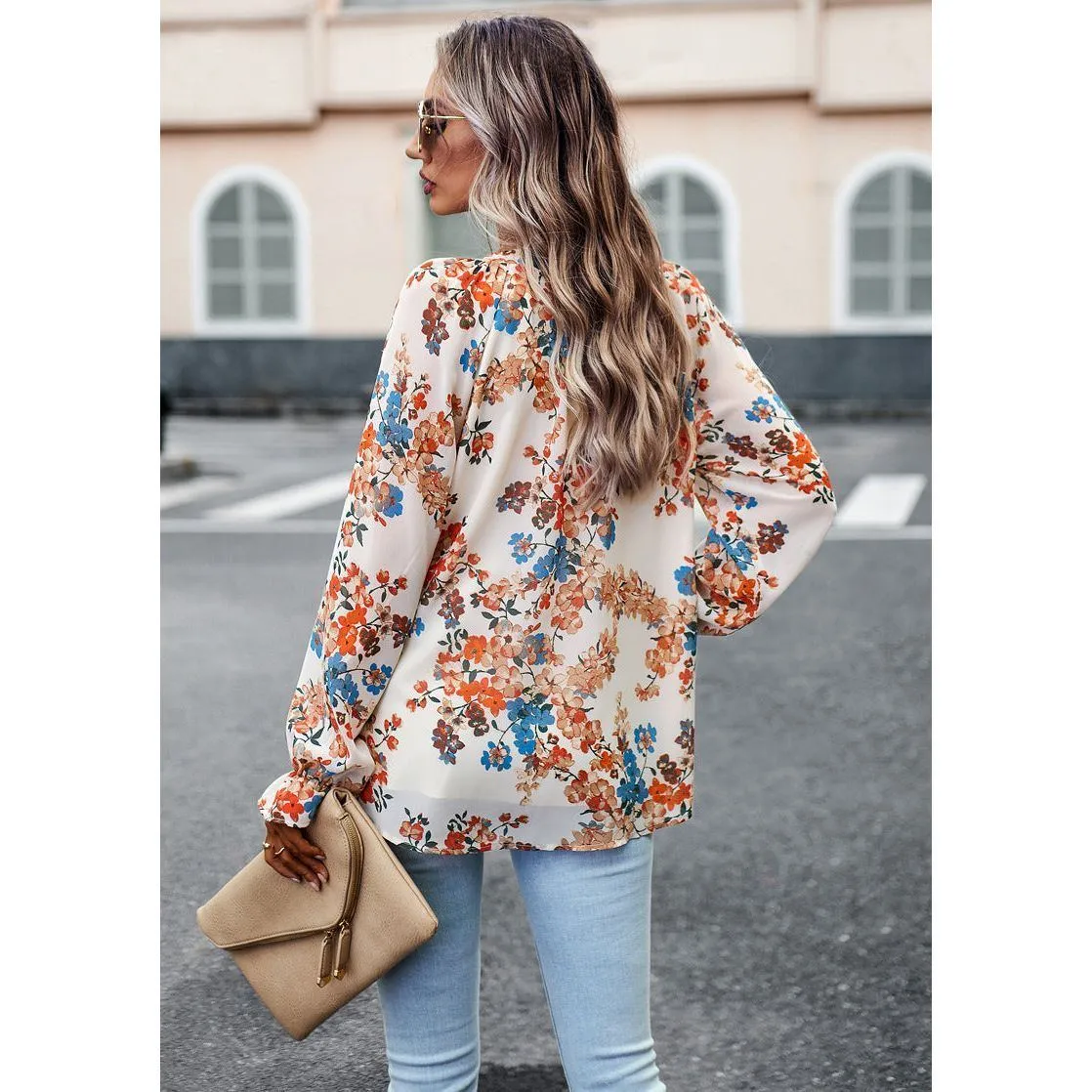 Women's Tops Casual Floral Print V Neck Long Sleeve Shirts Loose Chiffon Blouses Shirts Tops