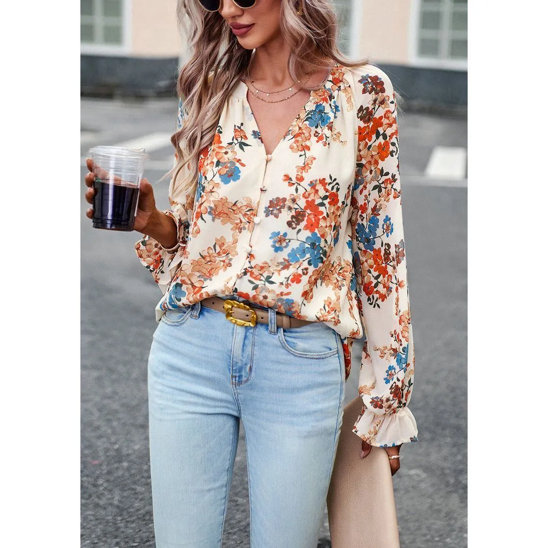 Women's Tops Casual Floral Print V Neck Long Sleeve Shirts Loose Chiffon Blouses Shirts Tops