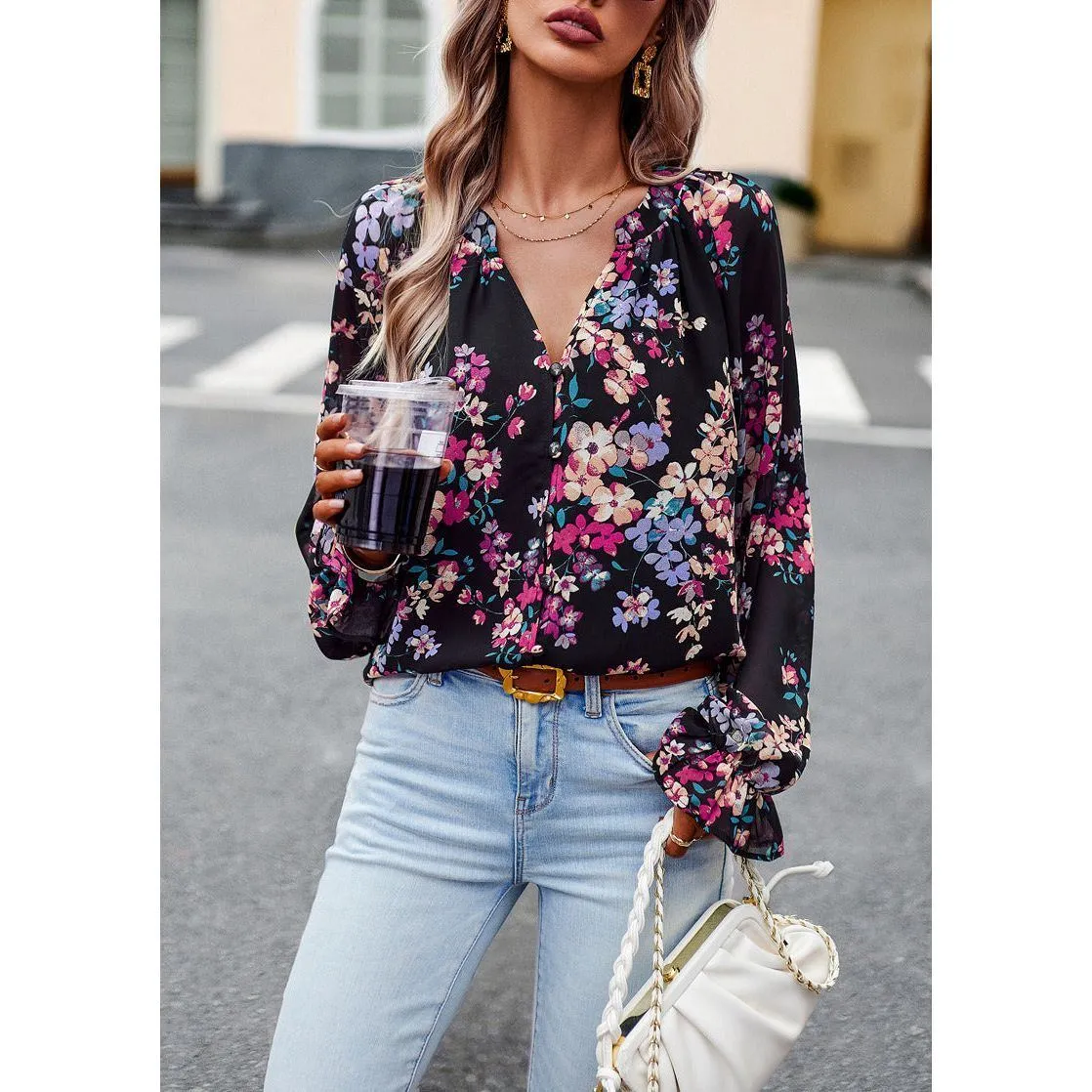 Women's Tops Casual Floral Print V Neck Long Sleeve Shirts Loose Chiffon Blouses Shirts Tops