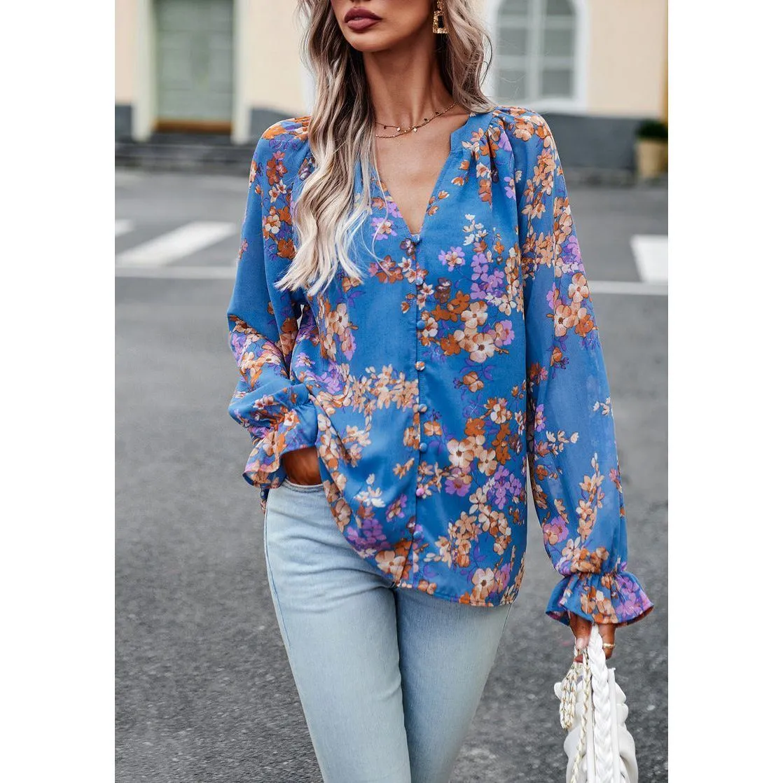 Women's Tops Casual Floral Print V Neck Long Sleeve Shirts Loose Chiffon Blouses Shirts Tops